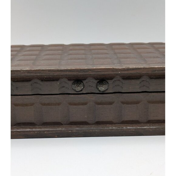 Apex VTG Wooden Rectangle Jewelry Box Gold Velvet Hinged Hammered Japan 12x5 - Picture 3 of 11